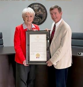 The Tennessee General Assembly recently adopted a Senate Joint Resolution in honor of longtime businessman, veteran, and community leader George W. Corley, Jr. who passed away on January 25, 2024. State Senator Janice Bowling presented the resolution to Corley’s son Mike Corley during her visit to Smithville on Tuesday, June 18.