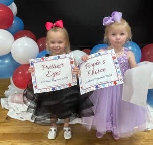 Miss Jamboree Pageant: Girls 25 to 48 months category: Prettiest Eyes-Renly Kayte Roberts (pictured left), 3-year-old daughter of Dalton and Jordan Roberts of Smithville. Sydney Ann Barrett (pictured right), 32-month-old daughter of Stephen and Vickey Barrett of Dowelltown received awards for Prettiest Hair, Attire, Smile, People’s Choice, and Most Photogenic