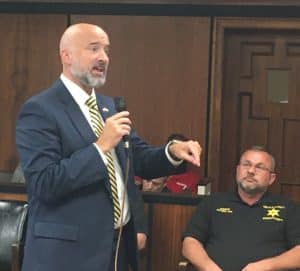 13th Judicial District Criminal Court Judge Gary McKenzie addressed County Commission/Jail Committee Monday night on Courthouse Space and Security Issues as Sheriff Patrick Ray looks on