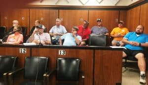 County Commission/ Jail Committee Hears from Local and District Judges on Courthouse Space and Security Issues during meeting Monday night held in the criminal courtroom on the third floor of the courthouse. Commissioners shown here seated in jury box