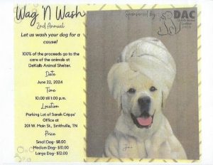 The 2nd annual Wag N Wash event will be held Saturday, June 22 from 10 a.m. until 1 p.m. at the parking lot of the Sarah Cripps Law Office at 201 West Main Street, Smithville. 100% of the proceeds will go to the care of the animals at the DeKalb Animal Shelter. The prices are: $8.00 for a small dog, $10 for a medium dog, and $12 for a large dog.