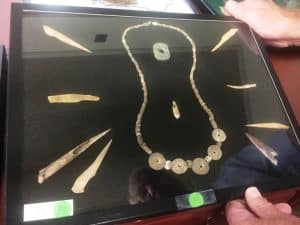 Display of Native American tools, beads and a point made from a deer antler, etc. to be shown during Native American Artifacts Show Saturday, July 27 at County Complex starting at 8 a.m.