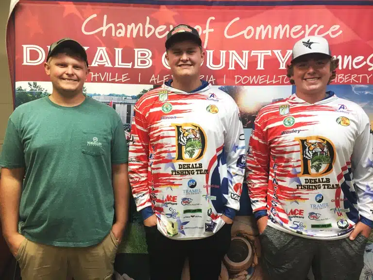 Mason Taylor (pictured center) and Wesley Kent ( pictured right), representing the DeKalb Fishing Team, will be competing in the Strike King Bassmaster High School National Championship Aug. 1-3 on Lake Chickamauga in Dayton, Tennessee accompanied by their Boat Captain Casey Taylor (pictured left). Jeff Taylor is the head coach of the DeKalb Fishing Team program. WJLE conducted a video interview with Casey and Mason Taylor and Wesley Kent Wednesday afternoon. View the program here in local news and on WJLE’s facebook page