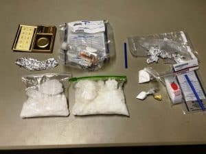 Two men were arrested Sunday after a large amount of drugs including methamphetamine, heroin, cocaine, Xanax, and buprenorphine were found during a traffic stop by the sheriff’s department.