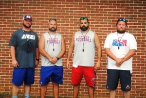 Saints Football Coaches left to right: Assistants Abram Edwards and Hunter Poteete, Head Coach Justin Poteete and Assistants Jacob Hale and Joseph Pack (Not Pictured)