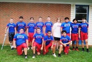 Saints Defensive Line Top L to R: Brantley Cantrell, Oswaldo Sebastian, Kollin Hale, Grant Slager, Conner Nash, Jordan Schipp, Braxton Bain, Daniel Santizo, Bryson Redmon. Bottom L to R: Zane Griffith, Zander Simpson, Jaeden Martin, Thomas Locklear