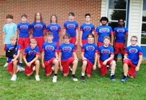 Saints Linebackers Top L to R: Kaysen Hale, Hayden Quarles, Gavin Frazier, Collin Donnell, Bryson Redmon, Reed Midgett, William Soto, Elijah Watson. Bottom L to R: Zayne Thomas, Mccullan Bogle, Rylan Thomas, Chaz Westerman, Ayden Buchanan, Micheal-Ray Fann, Kaden Johnson