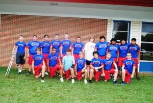 Saints Offensive Line Top L to R: Brantley Cantrell, Zane Griffith, Kollin Hale, Grant Slager, Conner Nash, Zander Simpson, Jordan Schipp, Braxton Bain, William Soto, Daniel Santizo, Oswaldo Sebastian. Bottom L to R: Chaz Westerman, Jaeden Martin, Kaysen Hale, Mccullan Bogle, Thomas Locklear, Micheal-Ray Fann, Kaden Johnson