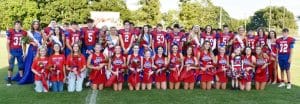 The DeKalb County Saints football team, cheerleaders and managers joined the 2024 DMS Homecoming Court for a photo before the game against Macon County.