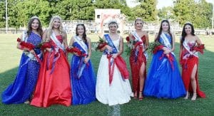 The 2024 Saints Homecoming Court. Pictured from left are DWS 8th Grade Attendant Ezzy Moore, DMS 8th Grade Attendant Ella Kirksey, DWS 7th Grade Attendant Hailey Brown, 2024 Homecoming Queen Kenli Fish, DMS 7th Grade Attendant Destiny Guinn, DMS 7th Grade Attendant Ella Taylor, and DMS 8th Grade Attendant Reagan Williams.