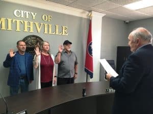 Smithville Aldermen-Elect Shawn Jacobs, Danny Washer, and Jessica Higgins each took the oath of office in a brief ceremony Tuesday evening at city hall. The oath was administered by City Attorney Vester Parsley. All three were re-elected without opposition in the Municipal Election August 1. Their new four-year terms will begin officially on September 1.