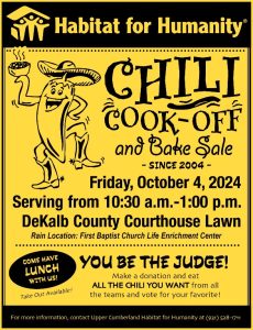 Who makes the best chili in DeKalb County? Find out on Friday, October 4th when Habitat for Humanity hosts the 20th Annual Chili Cook-off and Bake Sale