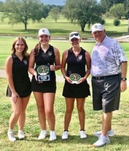 The DeKalb County High School Golf Team played in the Keith Maxwell Invitational on Tuesday hosted by Warren County High School at the McMinnville Country Club. The girls team (pictured here left to right with Coach John Pryor) made up of Alison Poss, Emily Anderson, and Chloe Boyd, finished tied for 1st but lost to Eagleville in a two team playoff. The girls record for the year is now 22-1. Chloe Boyd won the individual tournament with a 77.