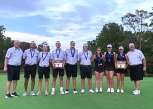 DCHS Assistant Golf Coach Luke Dycus, Jamison Troncoso, Will Blair, Seth Fuson, Bradley Hale, Cooper Goodwin, Alison Poss, Emily Anderson, Chloe Boyd, and DCHS Head Golf Coach John Pryor