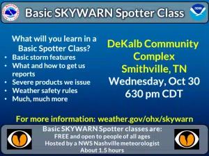 A Basic SKYWARN Spotter Class will be held at the DeKalb County Complex Wednesday, October 30 at 6:30 p.m.