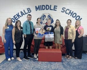 DMS September Good Neighbors of the Month: Media Specialist LeVaughnda Midgett and DeKalb Middle School 7th Grader Logan Gard. The Good Neighbor Award is sponsored monthly by Mallory Pfingstler, State Farm, Shay Walter of Sullivan Walter Homes and Colleen Clary of First Mortgage.