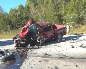 A head on crash Saturday afternoon on Highway 70 near Dowelltown claimed the life of 34-year-old Felicia Moore and seriously injured 53-year-old Nicola D. Foutch. (in truck shown here) (Jim Beshearse Photo)