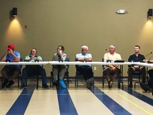 County Commissioners and County Mayor listen as Brian Templeton of Upland Design Group describes plans for a new Smithville Elementary School building. Upland is the school board’s architect.