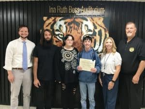 DCHS Honors Christian and Bobby Blackford “Parents or Guardians of the Month” for September: Pictured left to right: DCHS Assistant Principal Seth Willoughby, Christian and Bobby Blackford, Kevin Murphy ( Bobby’s brother who wrote the winning essay for the award), DCHS Assistant Principal Jenny Norris, and DCHS Principal Bruce Curtis.