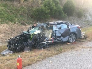 A head on crash Saturday afternoon on Highway 70 near Dowelltown claimed the life of 34-year-old Felicia Moore (in car shown here) and seriously injured 53-year-old Nicola D. Foutch.