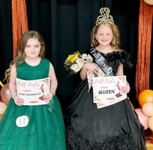 More Fall Fest Pageant Winners from Saturday. Category 7-9 years: Queen: Oaklynn Fayth Hale (right), 8 year old daughter of Kimberly Flenagen and Austin Hale of Smithville. Hale also received honors for prettiest attire and most photogenic. First runner-up: Kathryn Ann Williams, 7 year old daughter of Dillan and Hailey Williams of Alexandria. Williams was judged to have the prettiest eyes, hair, smile, and she was the winner of the people’s choice award.