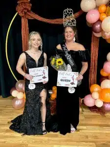 Brandi Liggett (rght) claimed the crown for the first ever Miss Fall Fest Queen for ages 19-54. She is the 39-year-old daughter of Terry and Tricia Bullard of Smithville. First runner-up was 19-year-old Chloe Faith Lawson, (left) daughter of Victoria Poteete and Adam Denney of Smithville. She was also judged to have the prettiest hair, eyes, attire, smile, and was most photogenic.