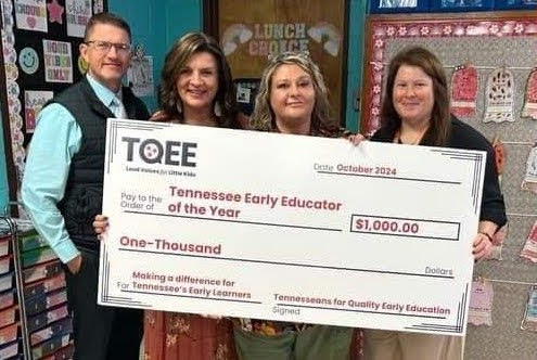 Tanya Howard, a kindergarten teacher at Smithville Elementary, has been recognized by Tennesseans for Quality Early Education as one of 20 winners of the first annual Tennessee Early Educator Awards. Pictured with Director of Schools Patrick Cripps, SES Principal Anita Puckett, and Assistant Principal Karen France