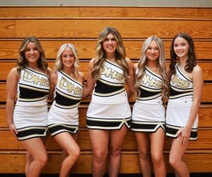 DCHS 2024 Senior Basketball Cheerleaders: Annabella Dakas (Captain), Sara Moore (Captain), Julianna Haynes, Eden Garner (Captain), and Madeline Martin (Captain)