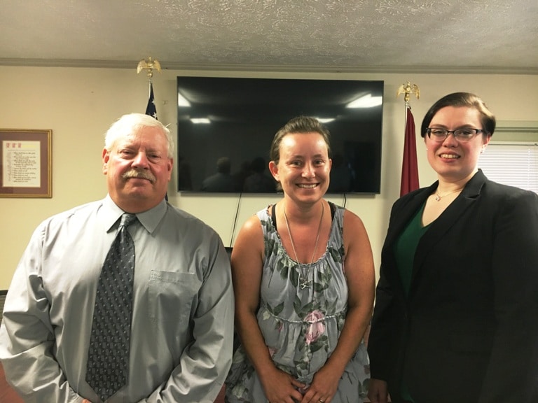 She’s back! During Tuesday night’s regular monthly meeting of the Alexandria Mayor and Aldermen, the council voted to re-hire Veronica Dodge as a full-time police officer at the request of Chief Kenneth (K.D.) Smith.. Pictured with Mayor Beth Tripp (center) Photo taken in September