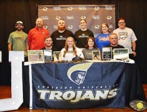 DeKalb County High School is sending another outstanding athlete to the college ranks. Kora Kilgore, 17 year old daughter of John and Ginda Kilgore, and star pitcher on the Tigerette fast pitch softball team signed Thursday with Anderson University to play for the Trojans after she graduates next May. The school is located in Anderson South Carolina. Pictured seated left to right: Kolter (brother), Kora, Ginda (mom), and John Kilgore (dad). Standing left to right: past and present coaches: Tyler Cantrell, Danny Fish, Ethan Duke, Danielle Horton, Sarah McGregor, and Scott Large