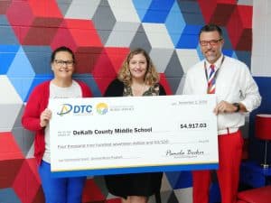 DTC Communications and Foundation for Rural Service Award $4,917 Grant to DeKalb Middle School. Receiving the award was DMS Principal Teresa Jones, music teacher Hannah Bratton, and Assistant DMS Principal Josh Agee