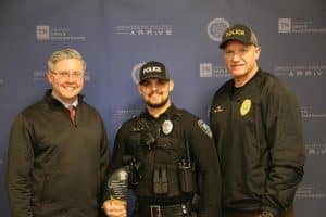 Smithville Police Officer Nik Agee (center) was presented an Impaired Driving Enforcement award from the Tennessee Highway Safety Office (THSO), Thursday, December 12 at the Cumberland Law Enforcement Liaisons Holiday Network Meeting and Awards in Cookeville for his dedication to keeping impaired drivers off the roadways.