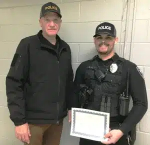 The Smithville Mayor and Aldermen Monday night recognized Smithville Police Officer Nik Agee for having received an Impaired Driving Enforcement award from the Tennessee Highway Safety Office (THSO). Agee is pictured here with Police Chief Mark Collins