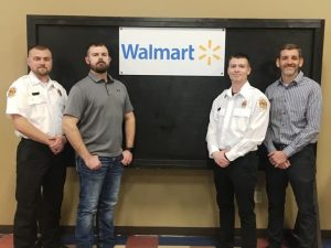 Walmart DeKalb Fire Department Length of Service Awards: Pictured left to right: Lieutenant Justin Bass; Steven Lawrence (Blue Springs Station)-10 years of service: Lieutenant Matt Adcock-10 years of service, Jody Lattimore (Short Mountain Highway Station) NOT PICTURED, and presenter Steve Able, Smithville Walmart Manager