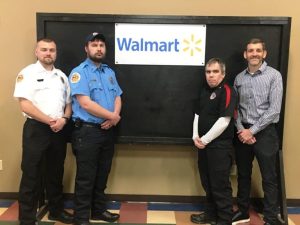 Walmart 5 year Length of Service Awards: Pictured left to right: Lieutenant Justin Bass-presenter, 5 years of service: Blake Reffue (Equipment Officer), Jordan Lader (Johnson Chapel Station), Billy Parker (Johnson Chapel Station)-NOT PICTURED, and presenter Steve Able, Smithville Walmart Manager