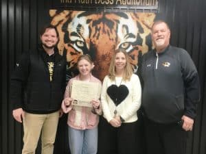 9th grader Lilly Anderson has been awarded “Student of the Month” for January at DeKalb County High School: Pictured left to right: DCHS Assistant Principal Seth Willoughby, Lilly Anderson, DCHS Assistant Principal Jenny Norris, and DCHS Principal Bruce Curtis