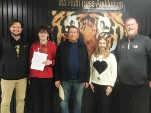 DCHS Junior Braxton Spears writes winning “Parent of the Month” essay for his foster dad Ray Patterson: Pictured left to right: DCHS Assistant Principal Seth Willoughby, Braxton Spears, his foster parent Ray Patterson, DCHS Assistant Principal Jenny Norris, and DCHS Principal Bruce Curtis