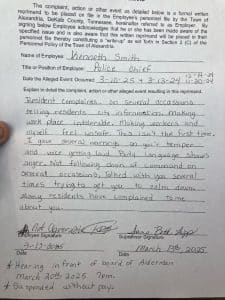 The Town of Alexandria is again without a police chief at least temporarily. On Thursday, March 13, Mayor Beth Tripp issued a written reprimand of Police Chief K.D. Smith (as shown here) and placed him on suspension without pay until a disciplinary hearing before the mayor and aldermen Thursday night, March 20 at 7 p.m. at city hall