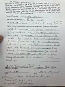 The Town of Alexandria is again without a police chief at least temporarily. On Thursday, March 13, Mayor Beth Tripp issued a written reprimand of Police Chief K.D. Smith (as shown here) and placed him on suspension without pay until a disciplinary hearing before the mayor and aldermen Thursday night, March 20 at 7 p.m. at city hall