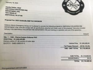 City receives quoted price as shown here on a Pierce Custom Enforcer PUC Pumper currently priced at $1,248,449 with a prepayment discount of $130, 143 making the city’s actual cost $1,118,305